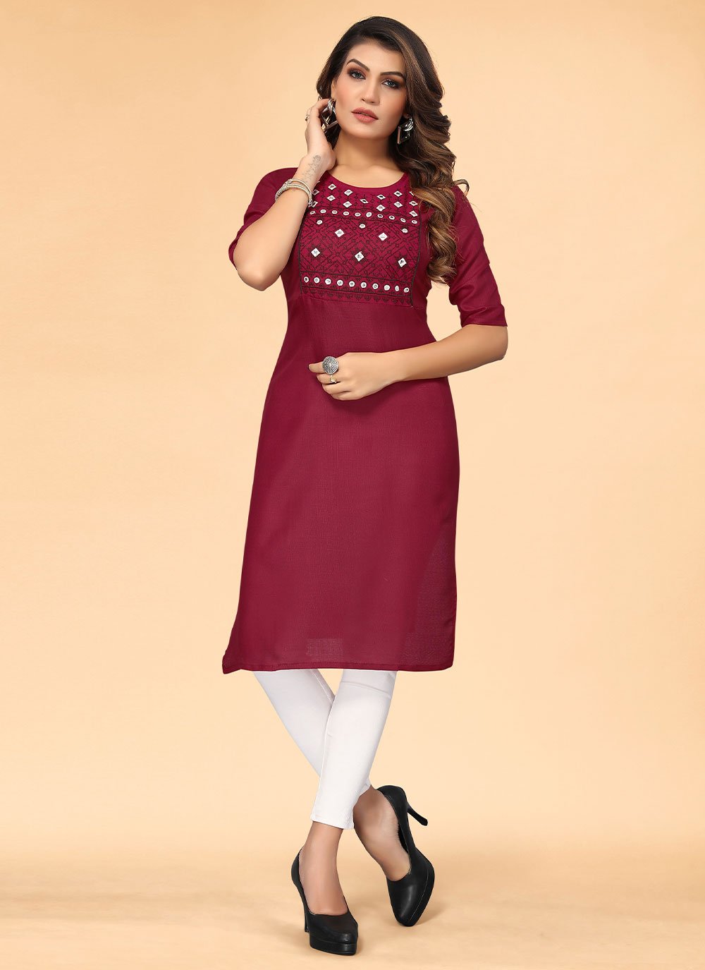 Casual Kurti Cotton Maroon Embroidered Kurtis