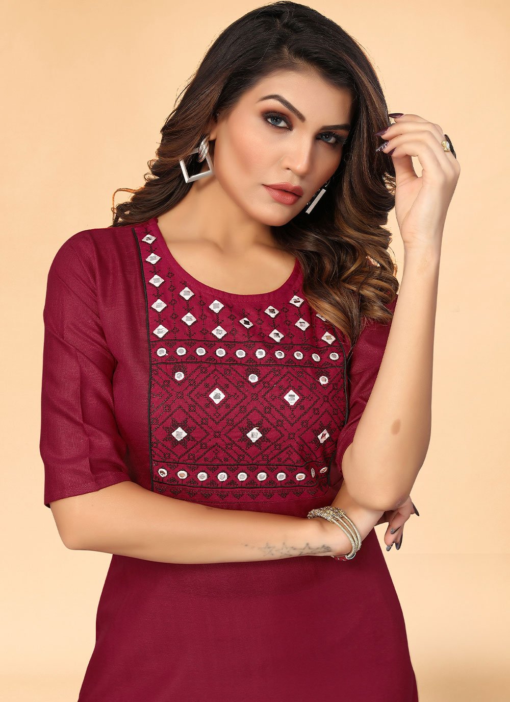 Casual Kurti Cotton Maroon Embroidered Kurtis