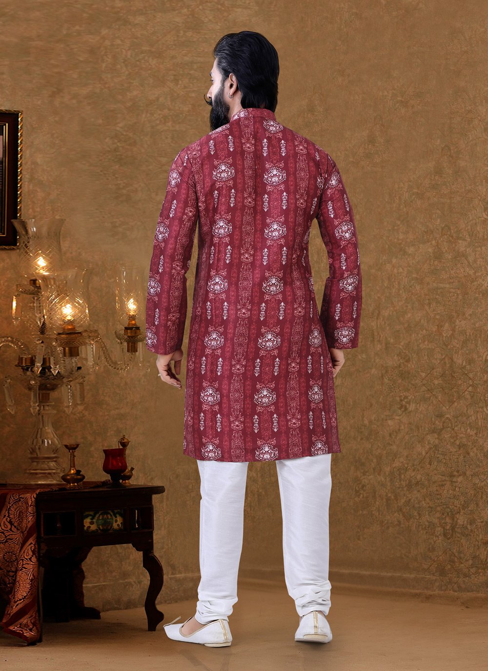 Kurta Pyjama Cotton Maroon Digital Print Mens