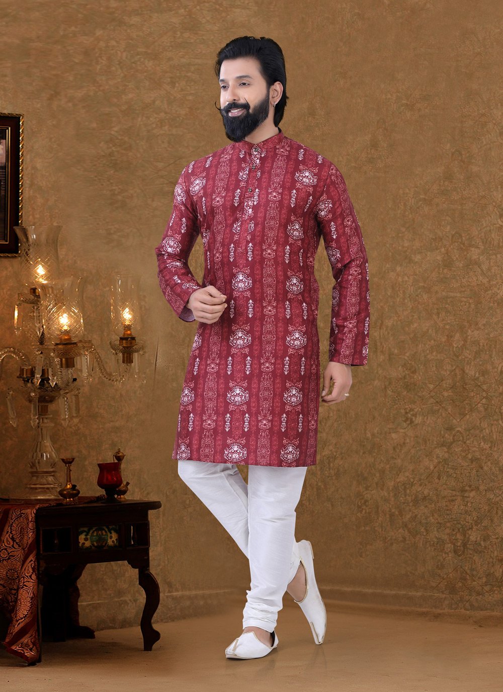 Kurta Pyjama Cotton Maroon Digital Print Mens