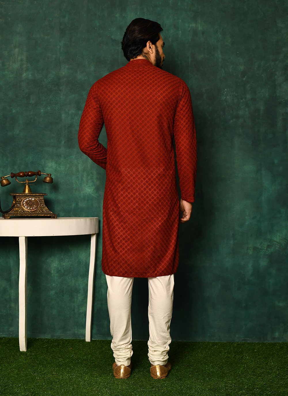 Kurta Pyjama Cotton Maroon Chikankari Work Mens