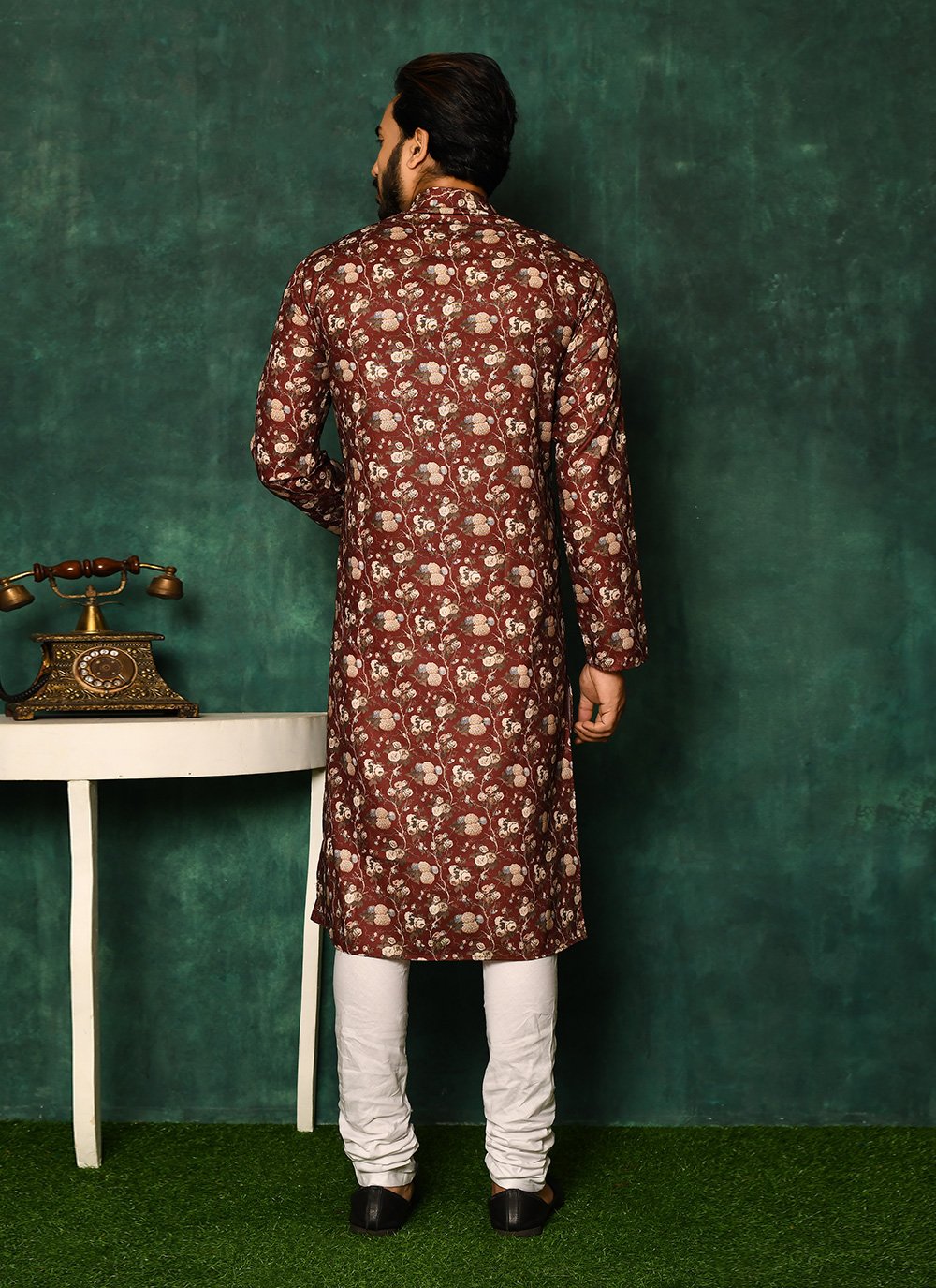 Kurta Pyjama Cotton Maroon Print Mens