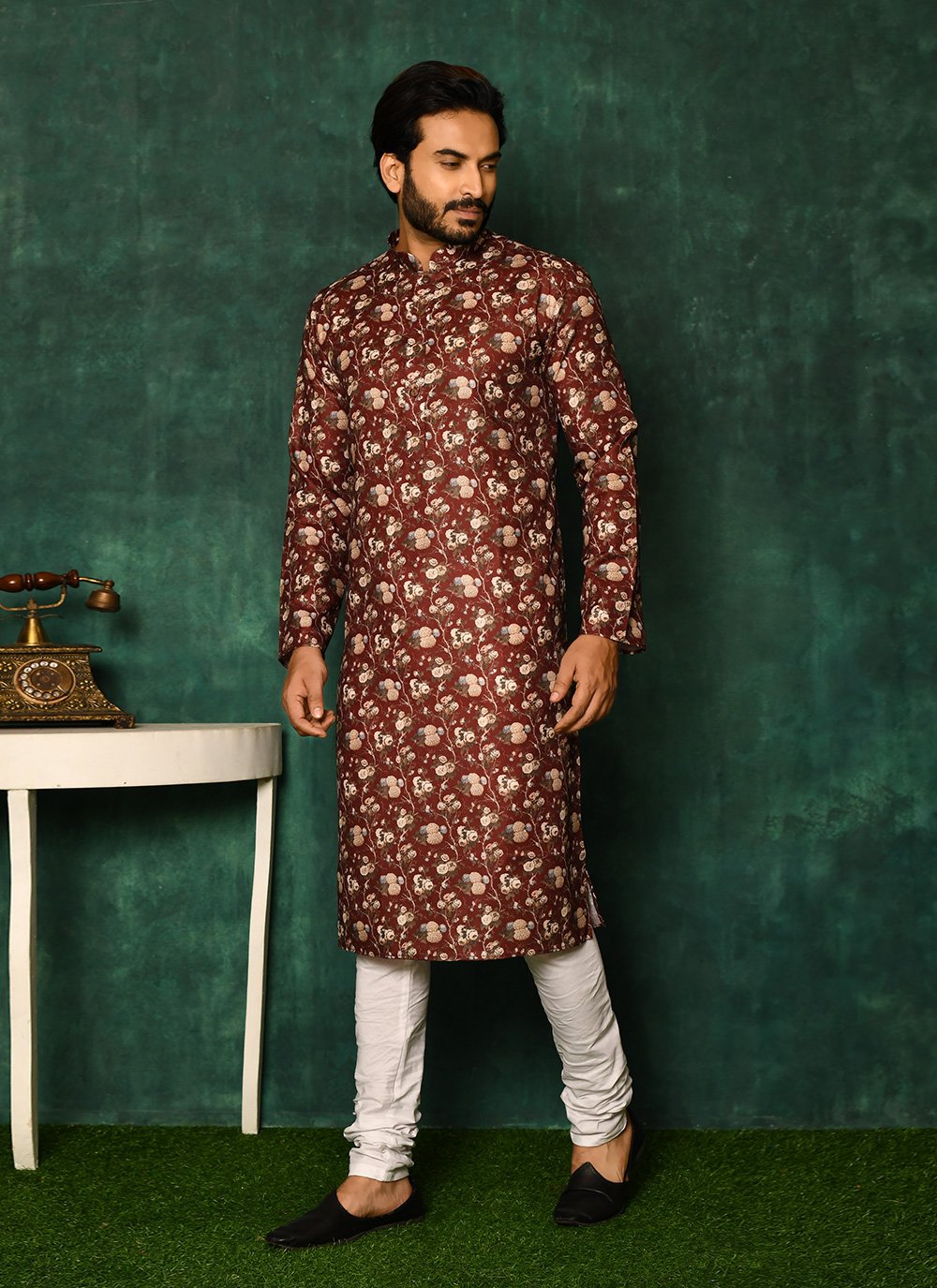 Kurta Pyjama Cotton Maroon Print Mens