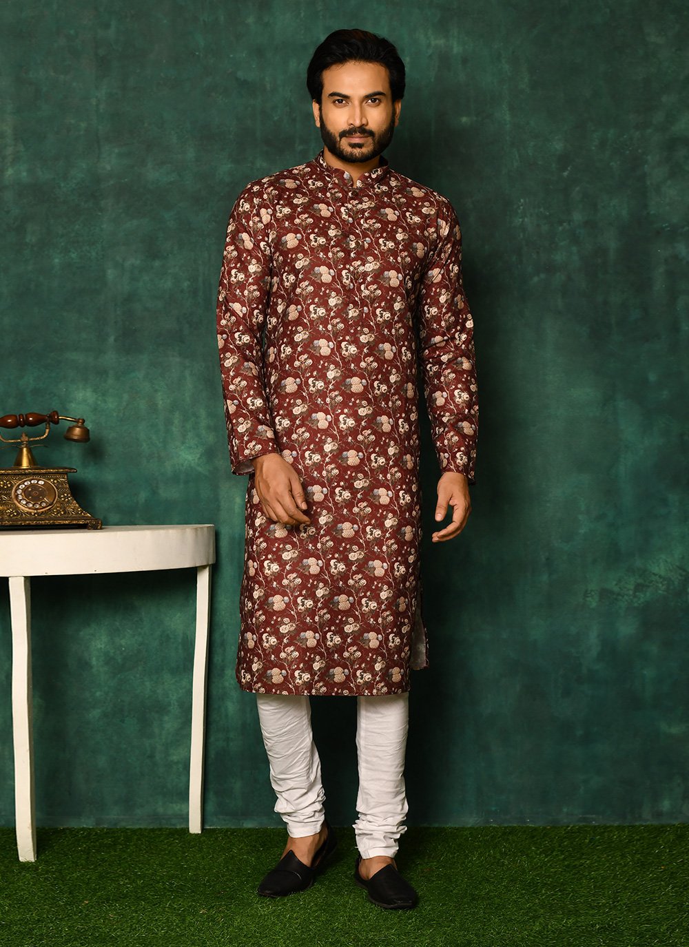 Kurta Pyjama Cotton Maroon Print Mens