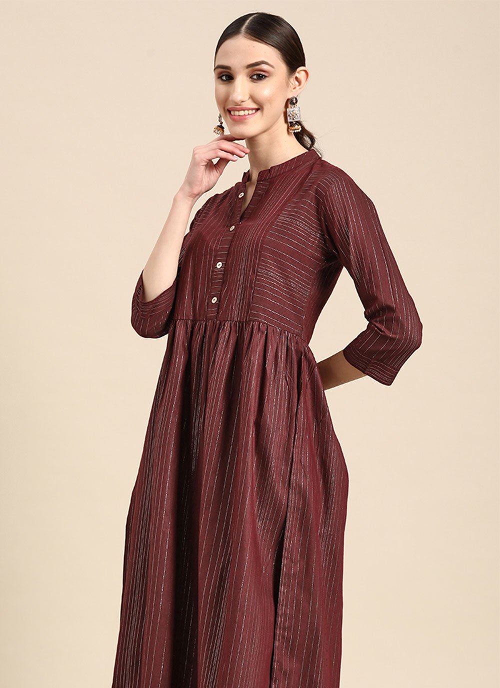 Party Wear Kurti Cotton Maroon Strips Print Kurtis