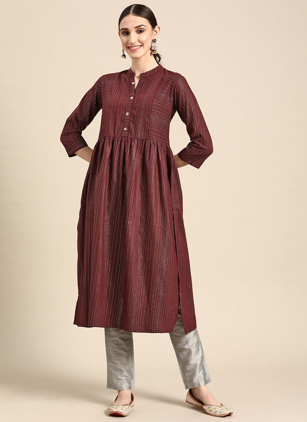 Party Wear Kurti Cotton Maroon Strips Print Kurtis