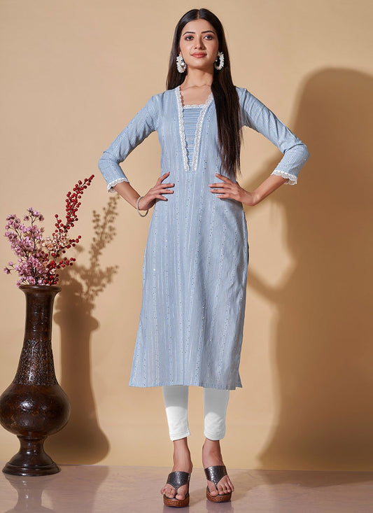 Designer Kurti Cotton Blue Sequins Kurtis