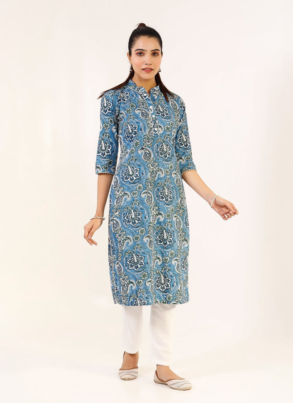Pant Style Suit Cotton Blue Print Salwar Kameez