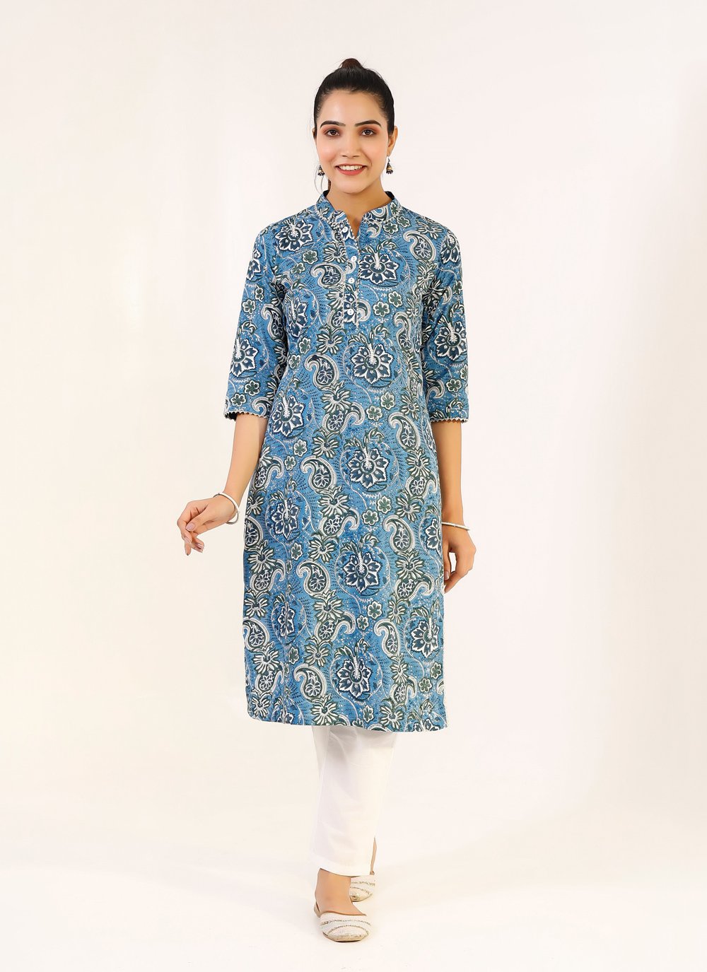 Pant Style Suit Cotton Blue Print Salwar Kameez