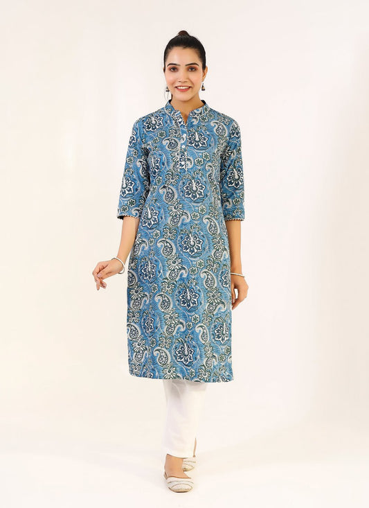 Pant Style Suit Cotton Blue Print Salwar Kameez