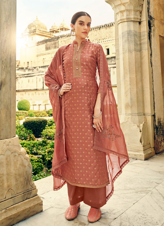 Straight Salwar Suit Cotton Rust Embroidered Salwar Kameez