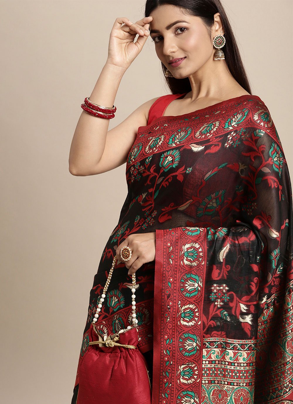 Traditional Saree Cotton Black Red Woven Saree