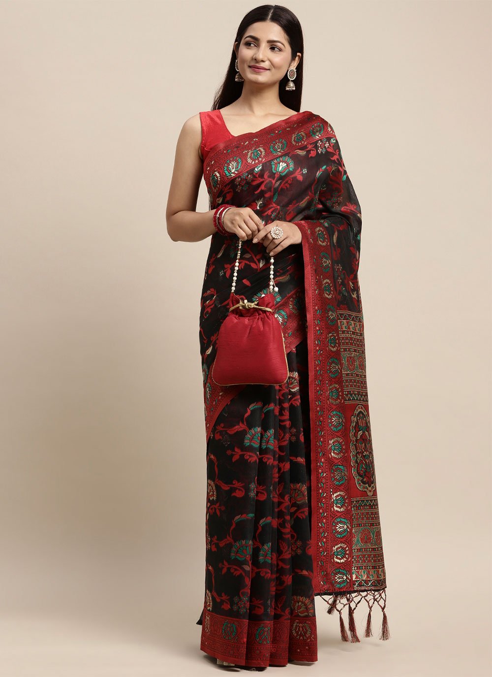 Traditional Saree Cotton Black Red Woven Saree