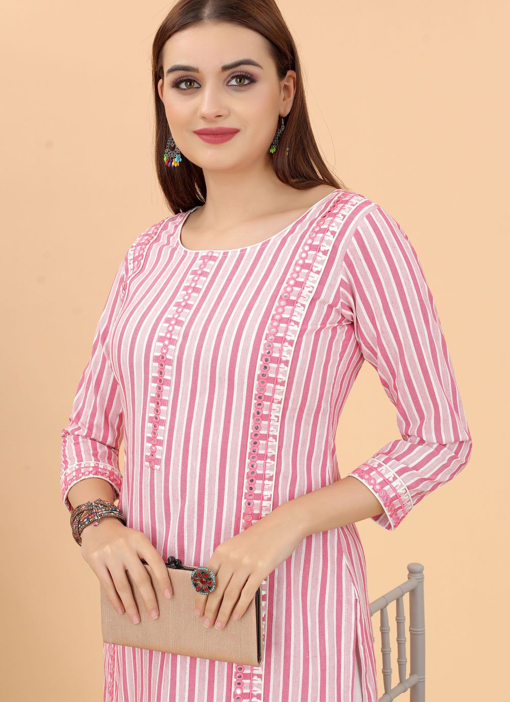 Party Wear Kurti Cotton Pink Mirror Kurtis