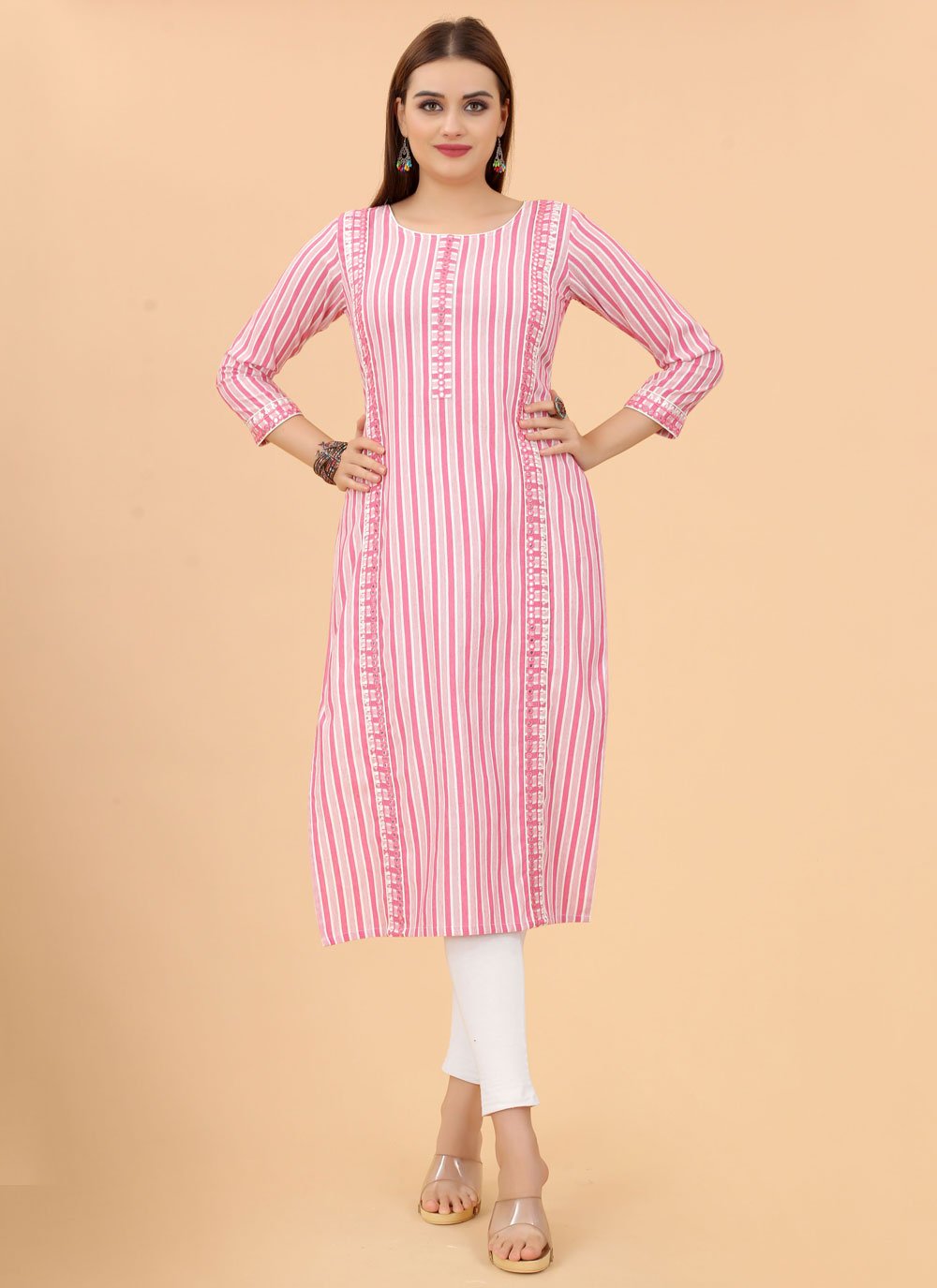 Party Wear Kurti Cotton Pink Mirror Kurtis