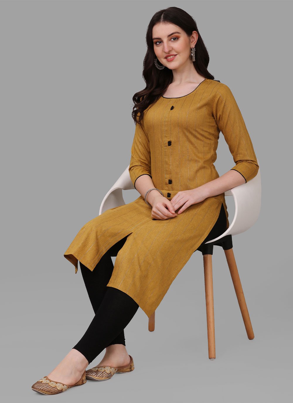 Party Wear Kurti Cotton Mustard Weaving Kurtis