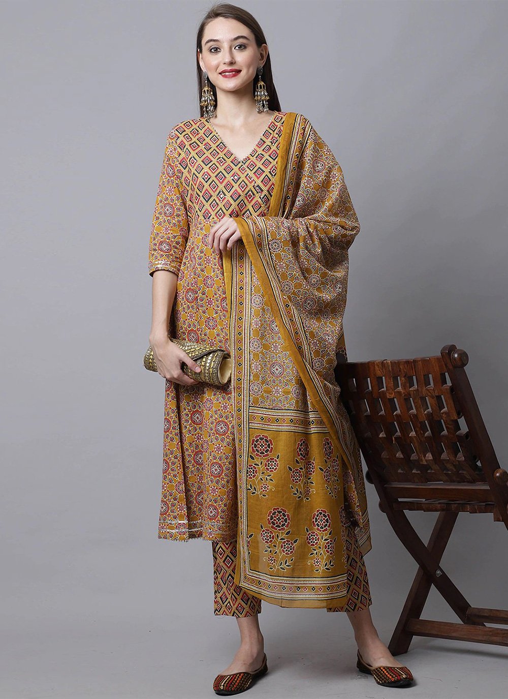 Salwar Suit Cotton Mustard Print Salwar Kameez