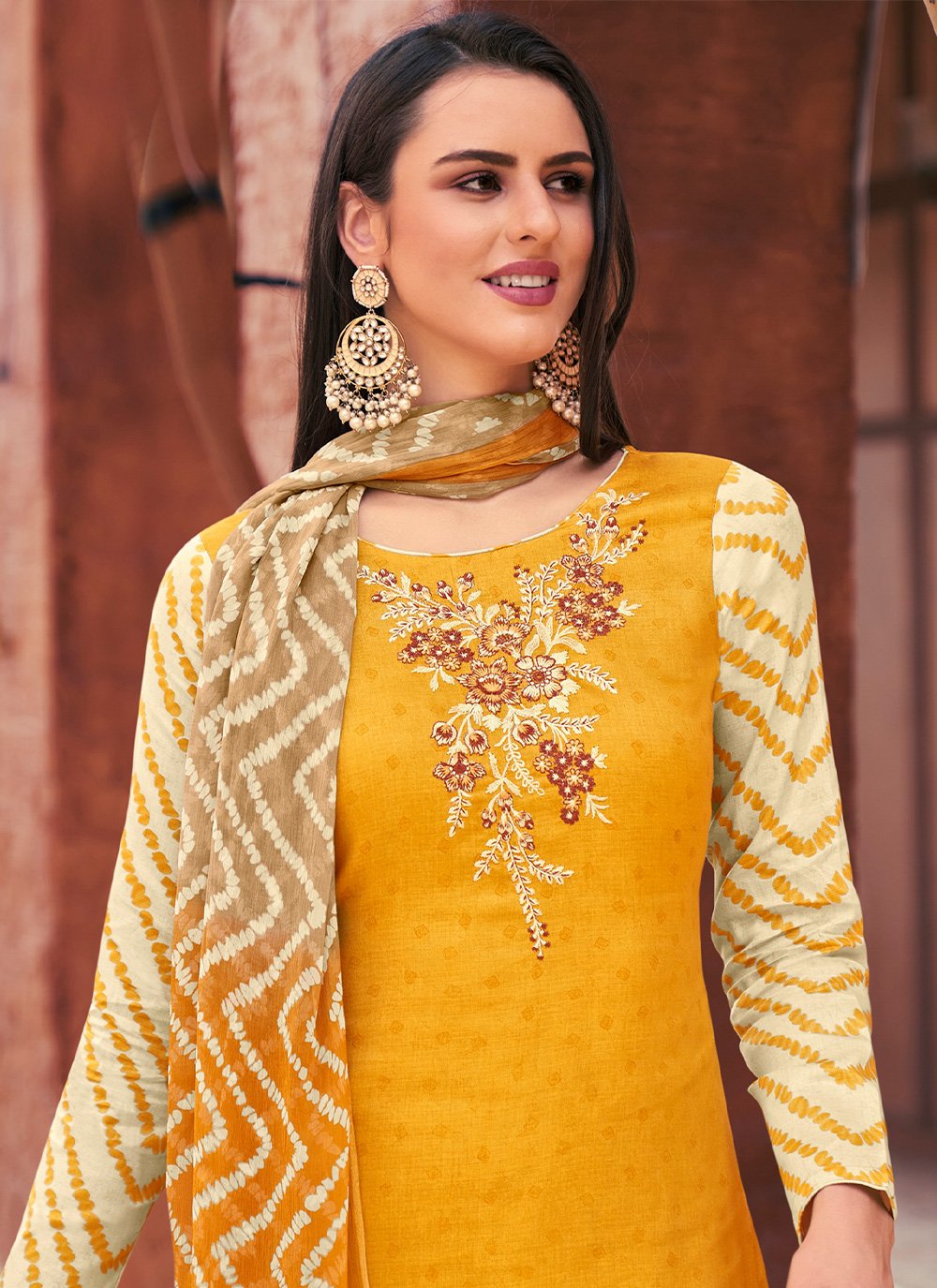 Straight Salwar Suit Cotton Mustard Print Salwar Kameez