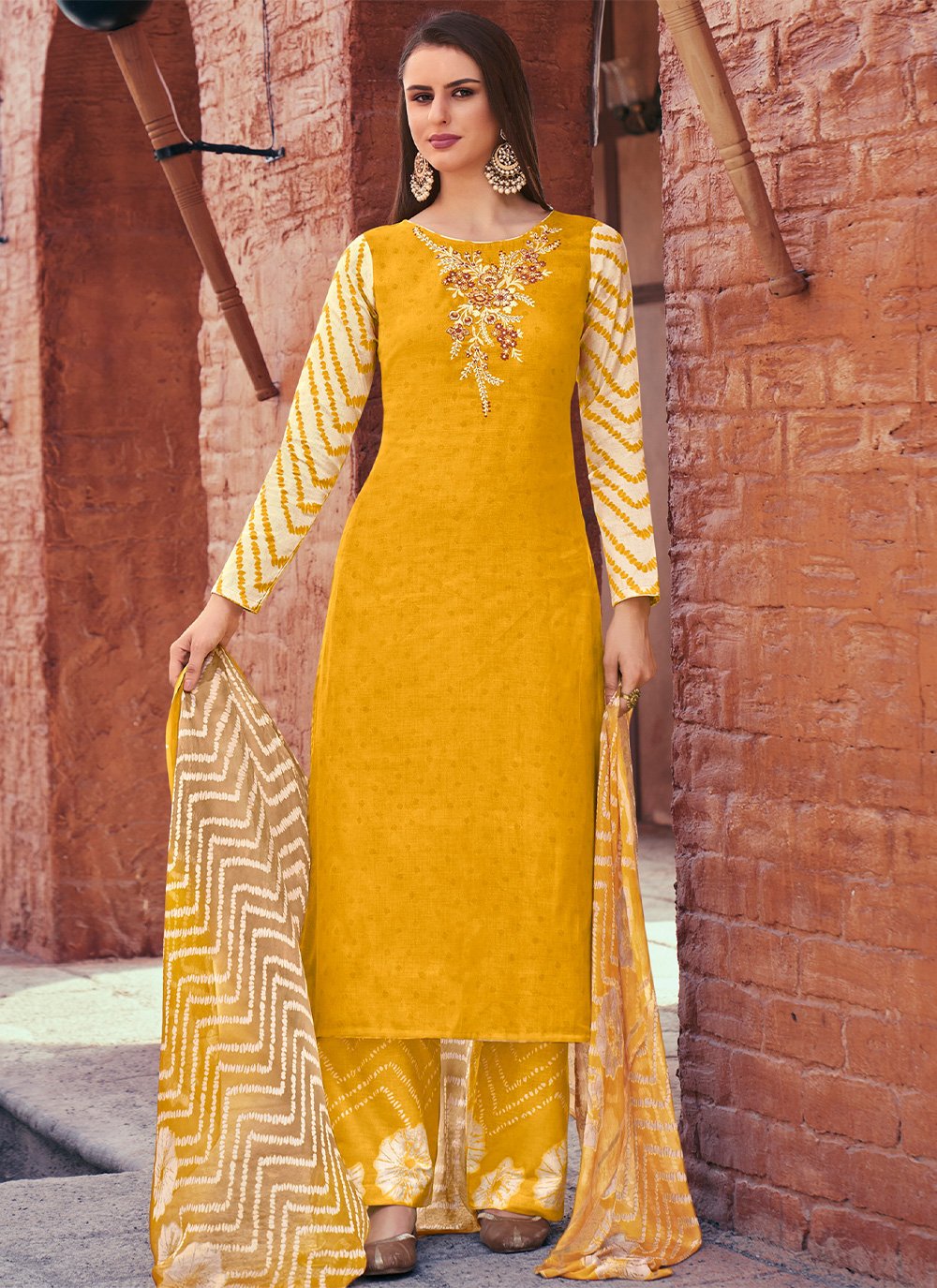 Straight Salwar Suit Cotton Mustard Print Salwar Kameez