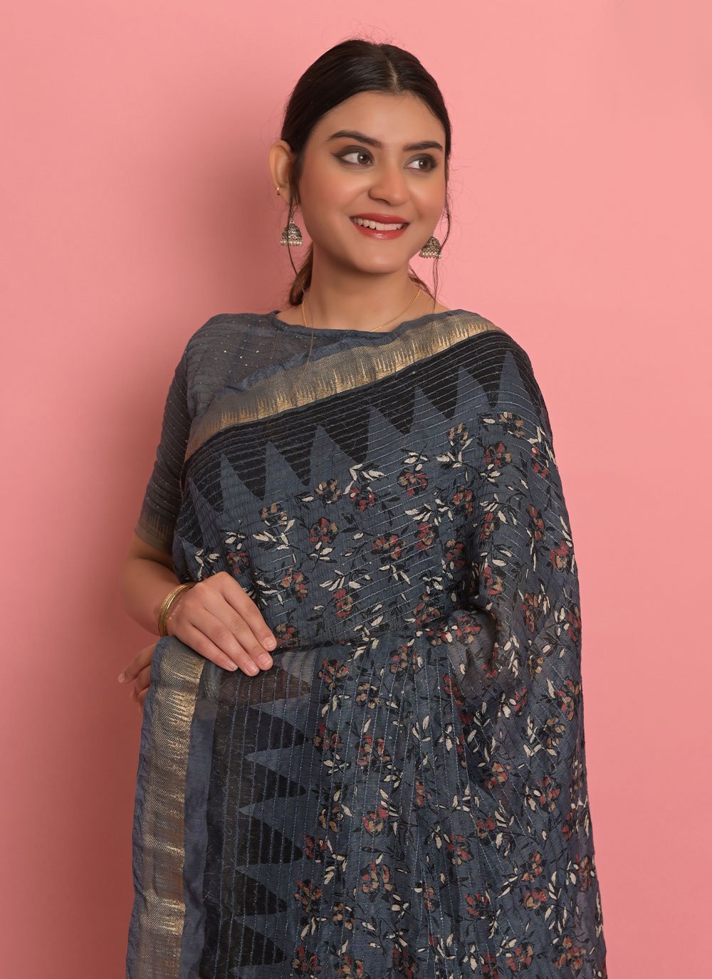Designer Cotton Blue Embroidered Saree