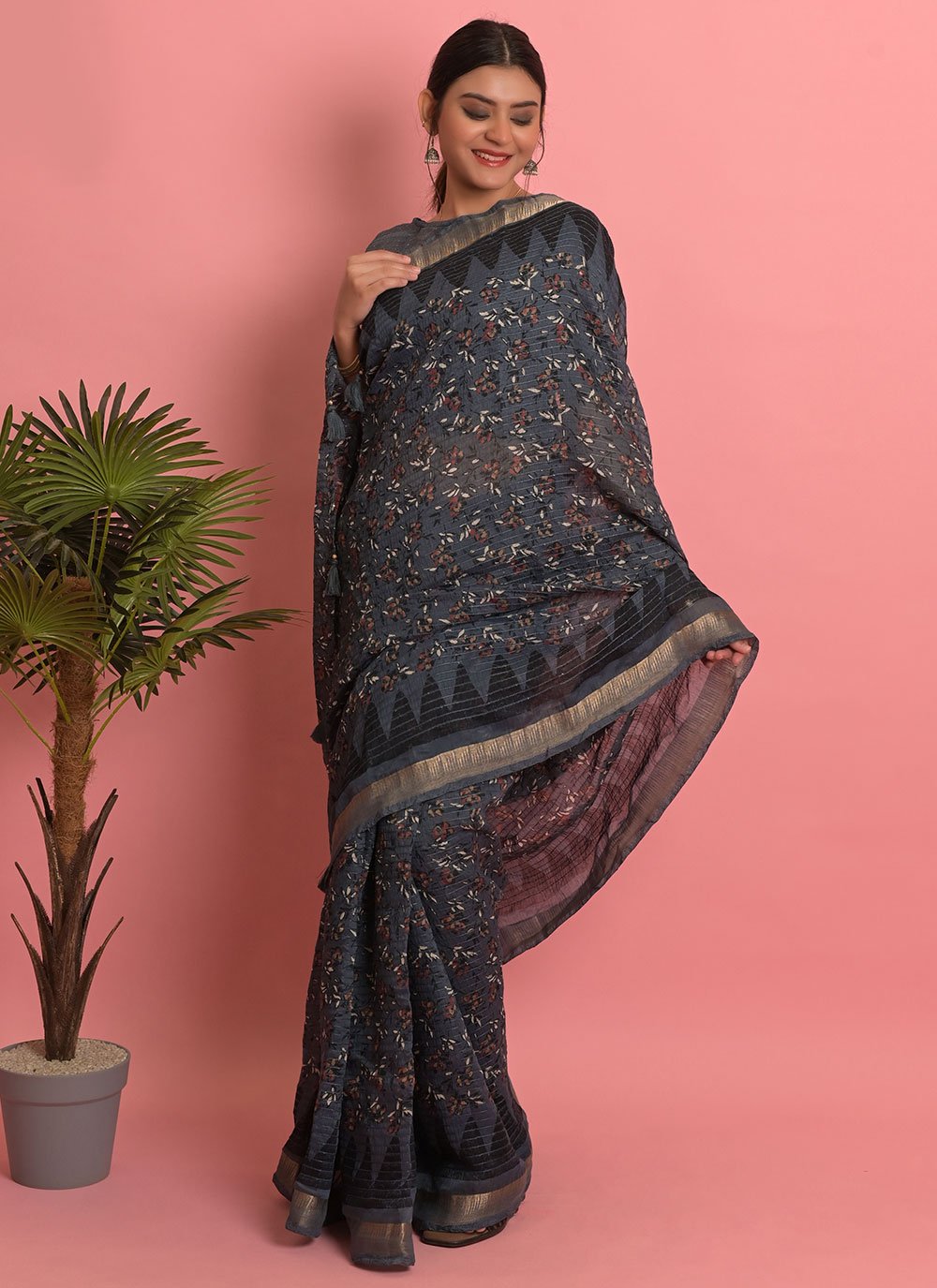 Designer Cotton Blue Embroidered Saree