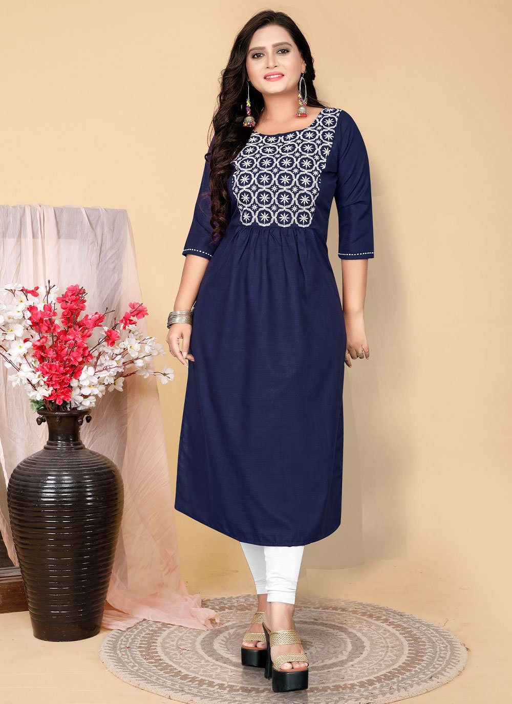 Party Wear Kurti Cotton Blue Embroidered Kurtis