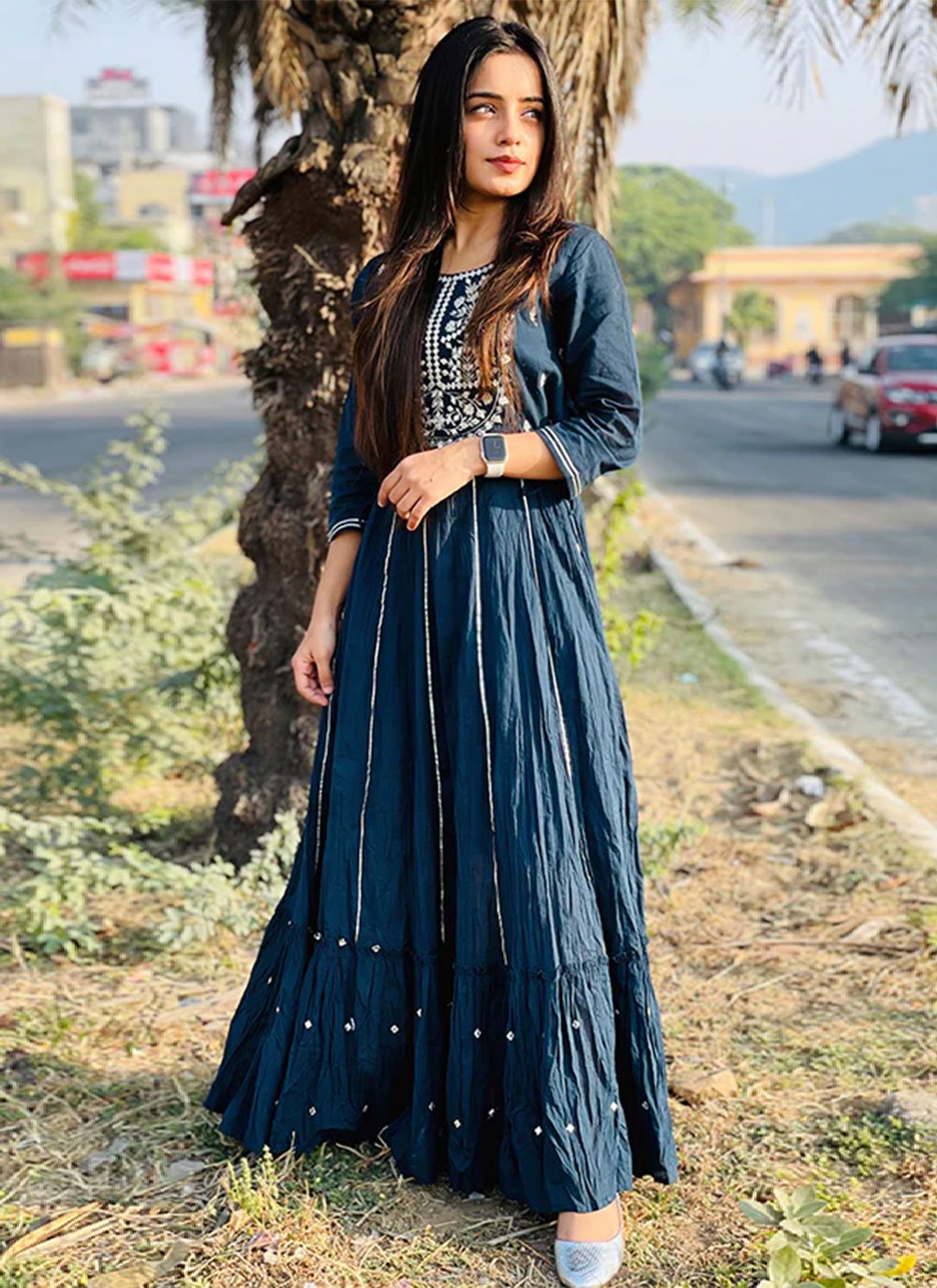 Gown Cotton Blue Embroidered Gown