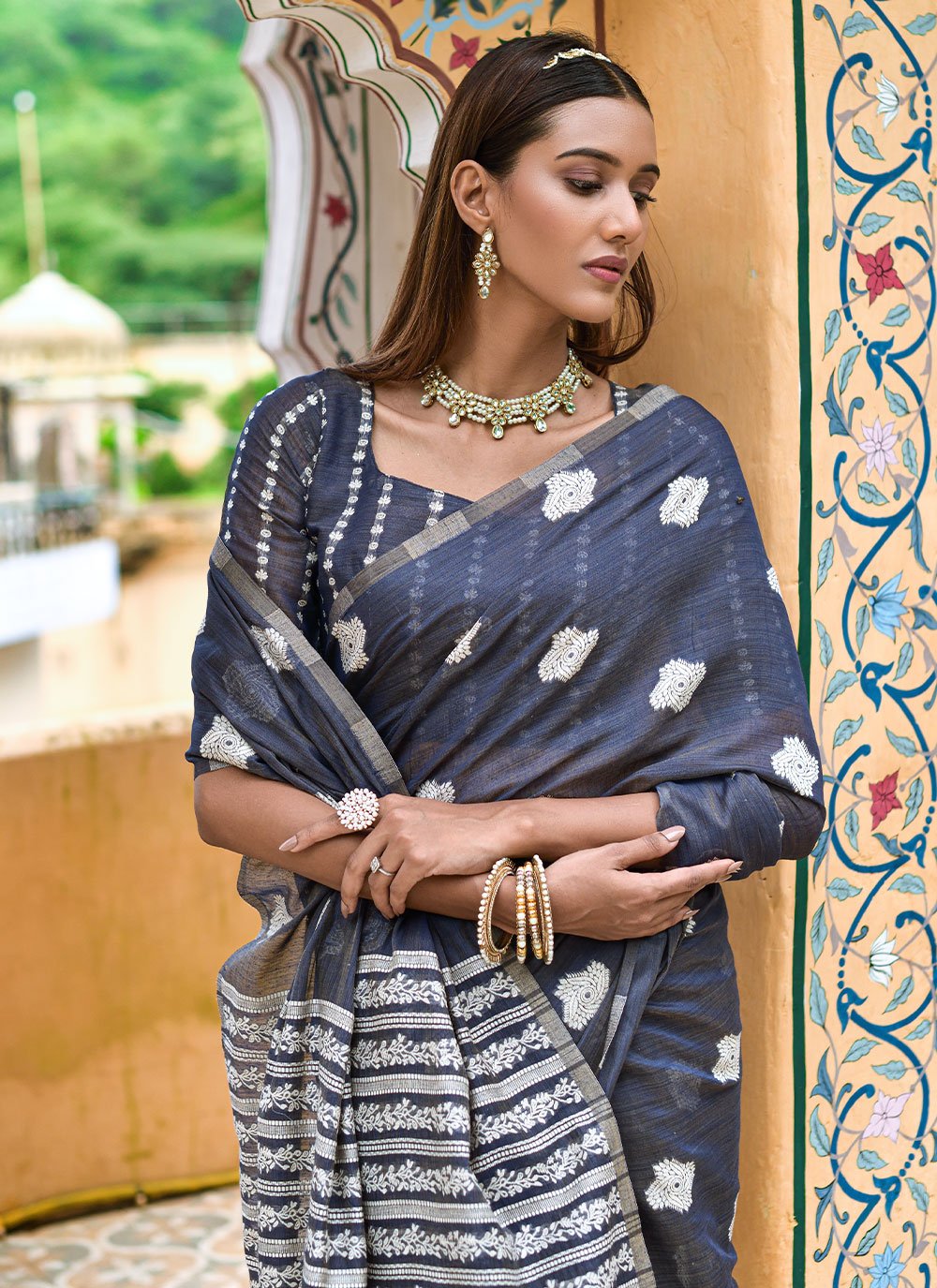 Trendy Saree Cotton Lucknowi Blue Weaving Saree