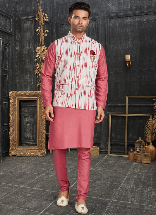 Kurta Payjama With Jacket Cotton Off White Pink Chicken Mens