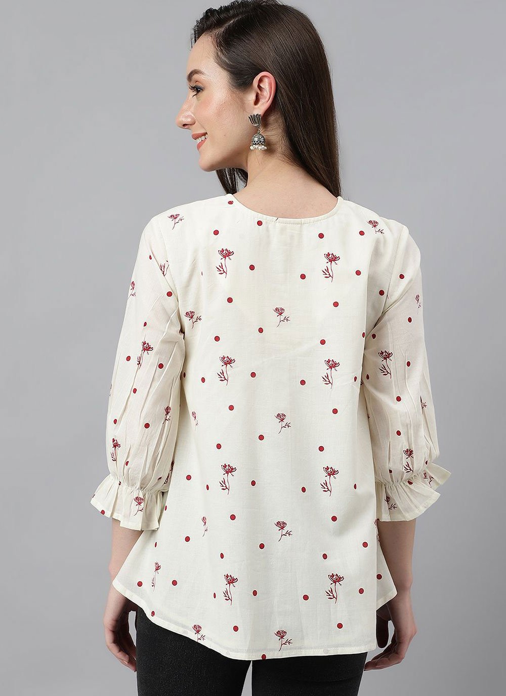 Party Wear Kurti Cotton Off White Floral Patch Kurtis