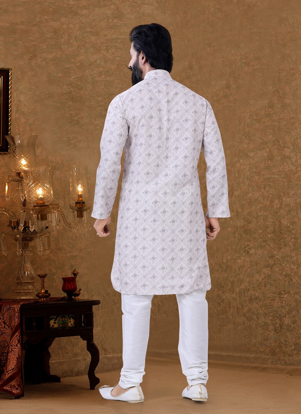 Kurta Pyjama Cotton Off White Digital Print Mens