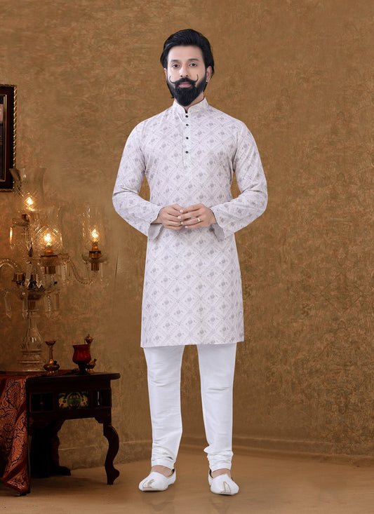 Kurta Pyjama Cotton Off White Digital Print Mens