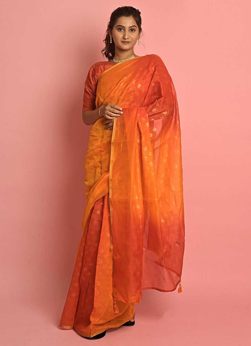 Classic Cotton Orange Red Fancy Work Saree