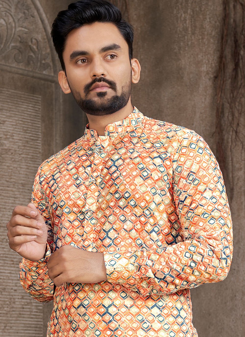 Kurta Pyjama Cotton Orange Chicken Mens