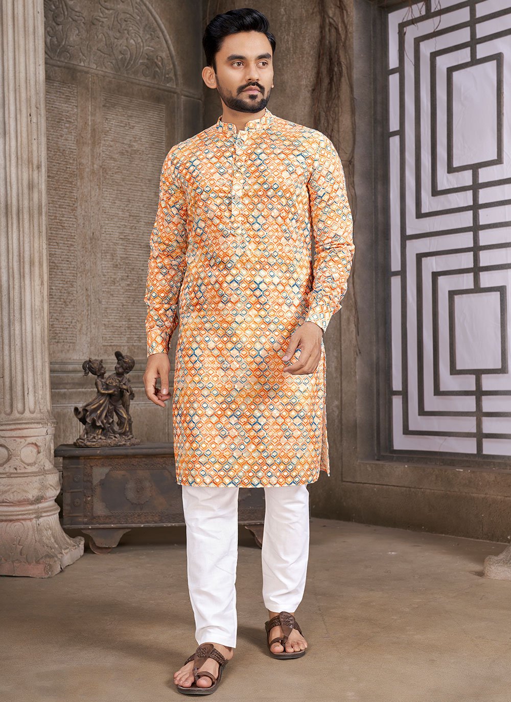 Kurta Pyjama Cotton Orange Chicken Mens