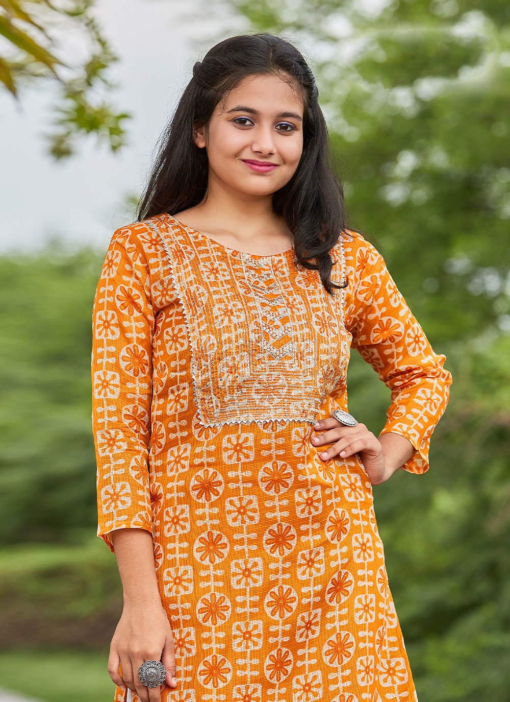 Casual Kurti Cotton Orange Embroidered Kurtis