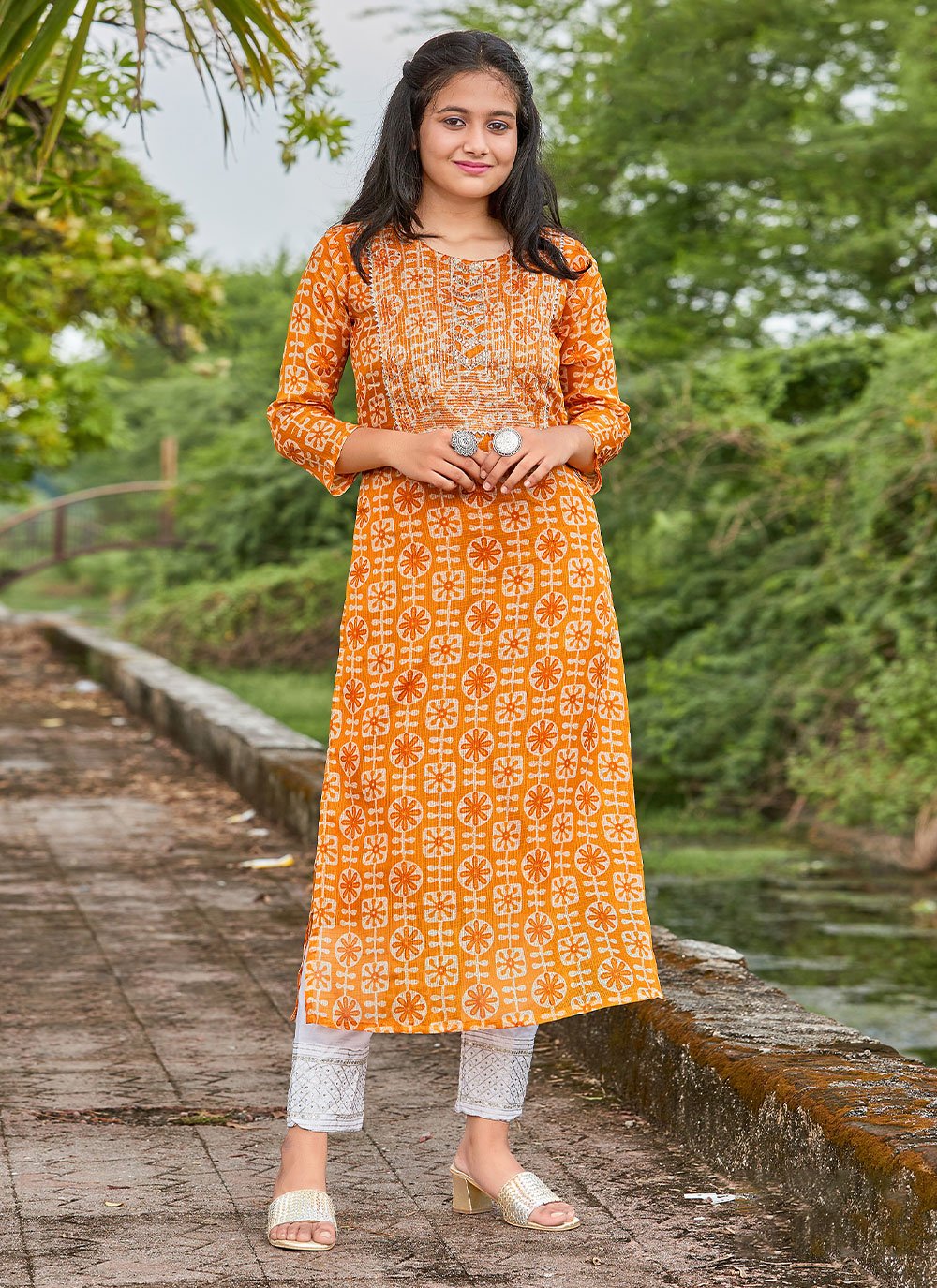 Casual Kurti Cotton Orange Embroidered Kurtis