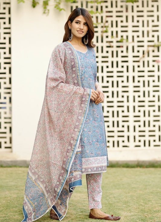 Pant Style Suit Cotton Aqua Blue Digital Print Salwar Kameez