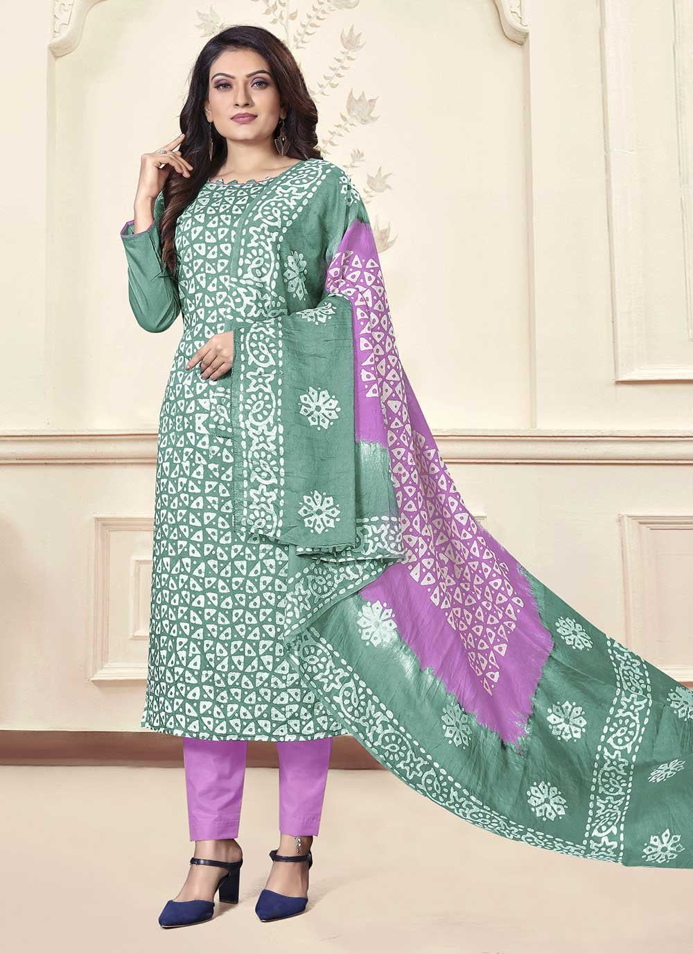 Pant Style Suit Cotton Green Print Salwar Kameez