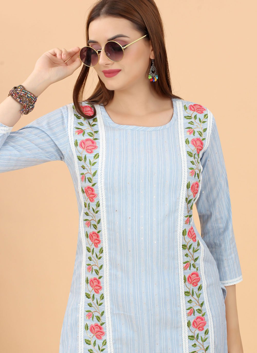 Casual Kurti Cotton Aqua Blue Embroidered Kurtis