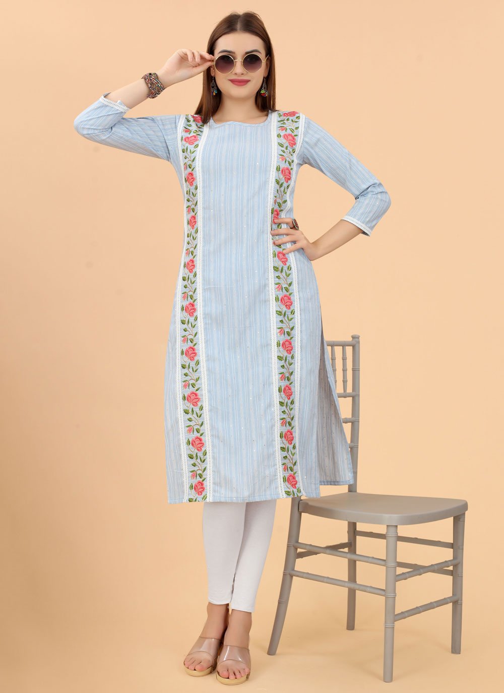 Casual Kurti Cotton Aqua Blue Embroidered Kurtis