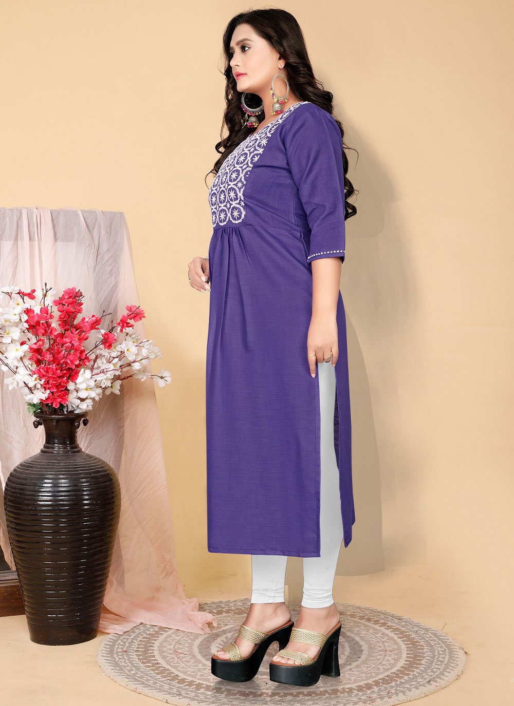 Designer Kurti Cotton Purple Embroidered Kurtis