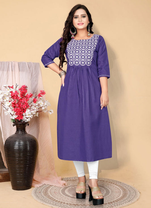 Designer Kurti Cotton Purple Embroidered Kurtis