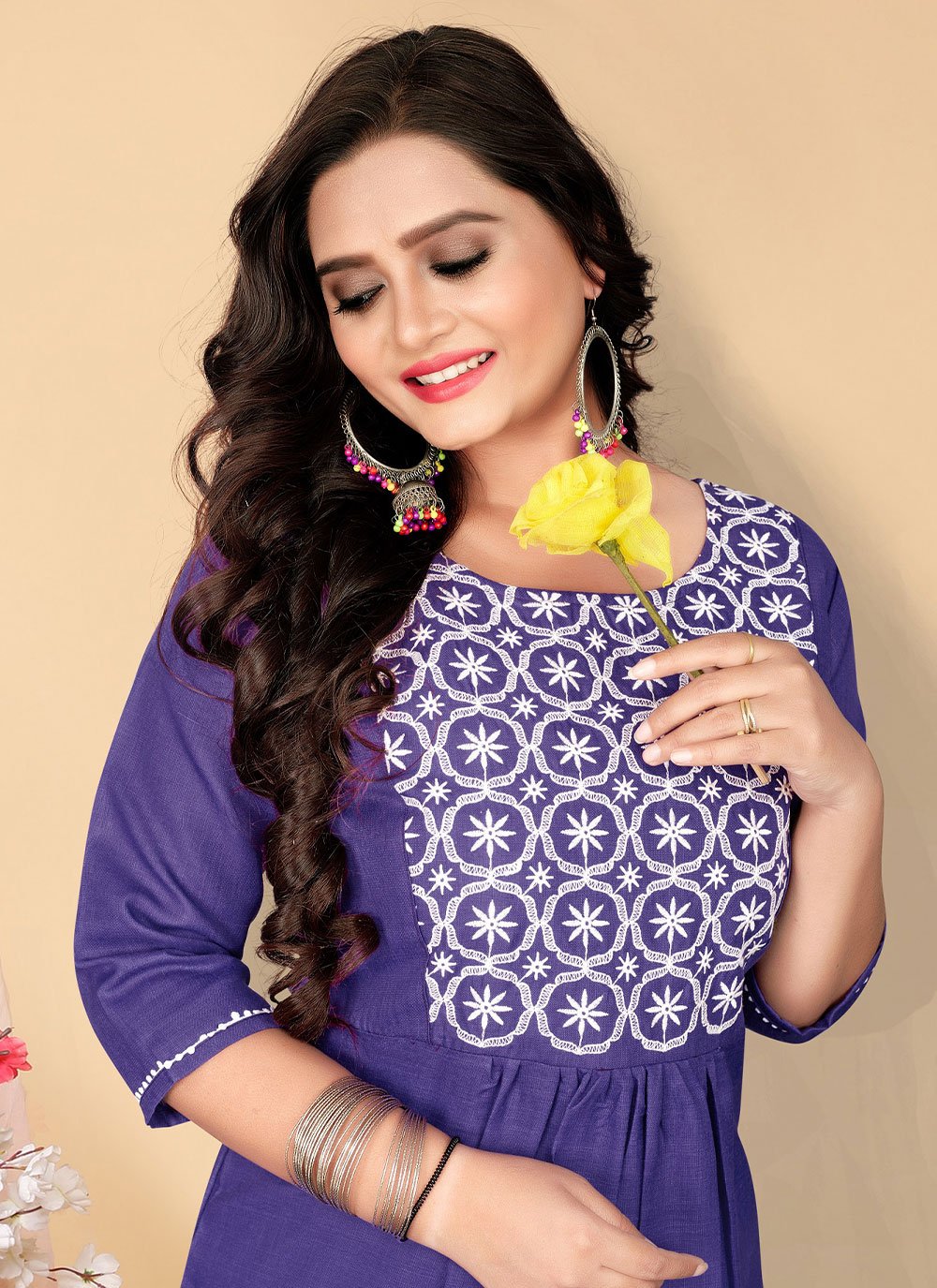 Designer Kurti Cotton Purple Embroidered Kurtis