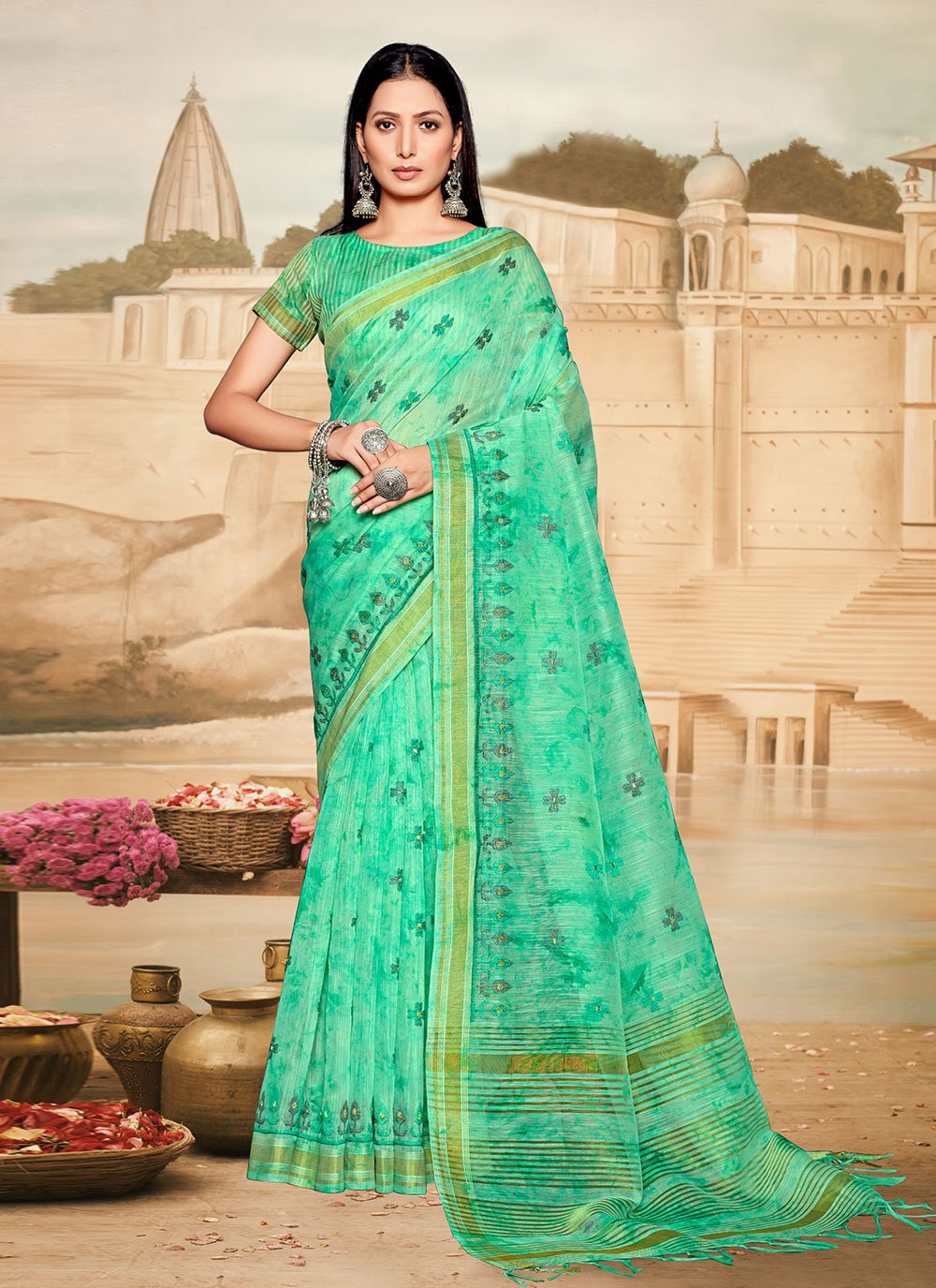 Trendy Saree Cotton Linen Sea Green Embroidered Saree