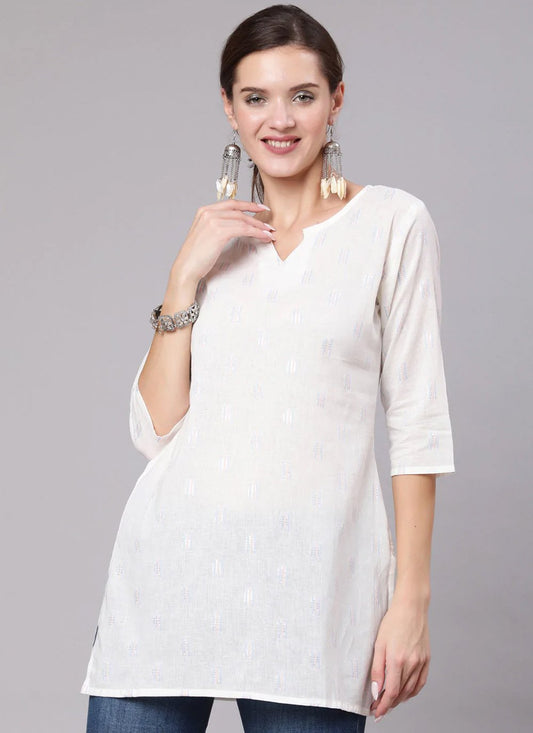 Party Wear Kurti Cotton White Print Kurtis