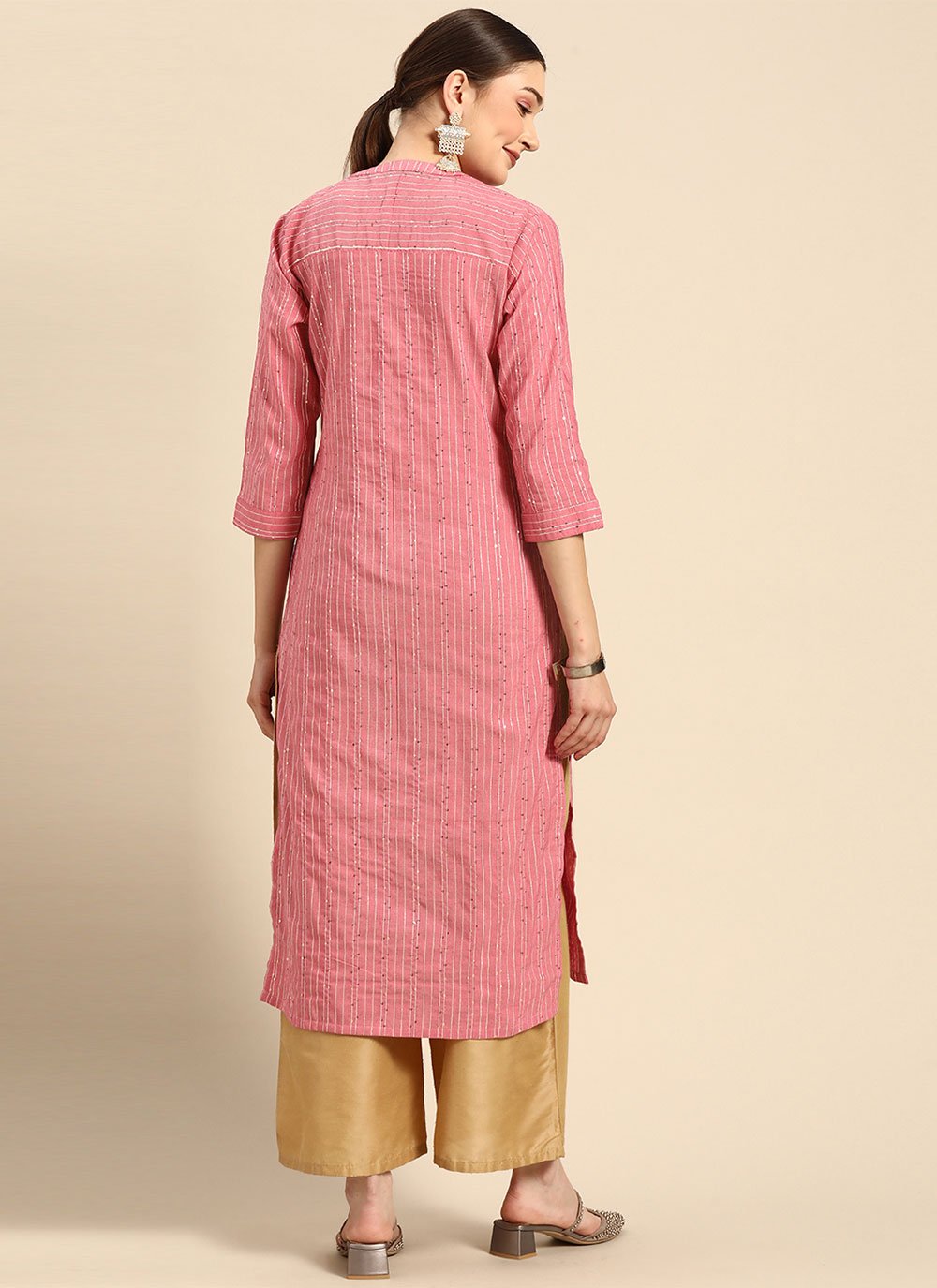 Party Wear Kurti Cotton Pink Strips Print Kurtis