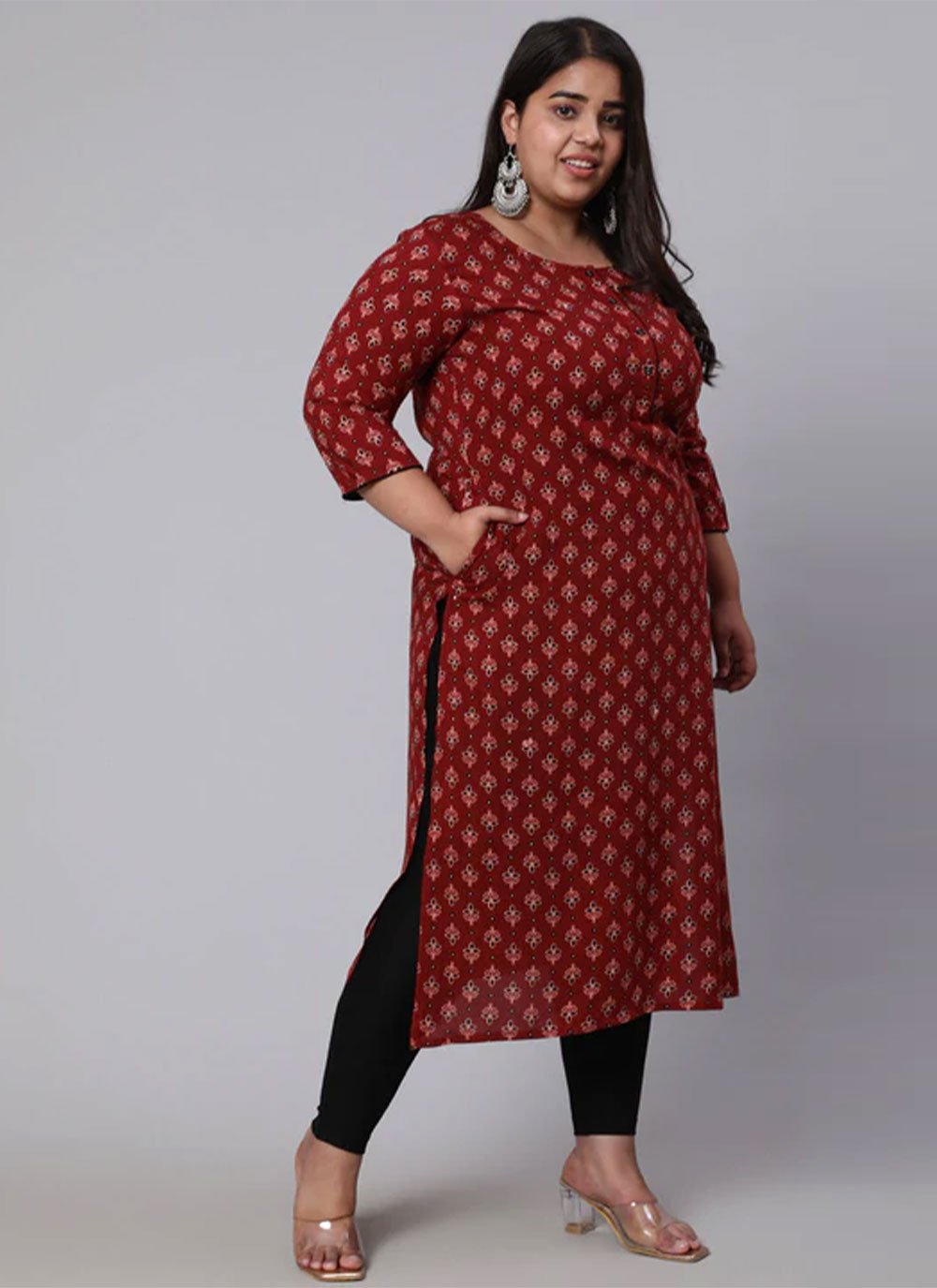 Party Wear Kurti Cotton Maroon Print Kurtis