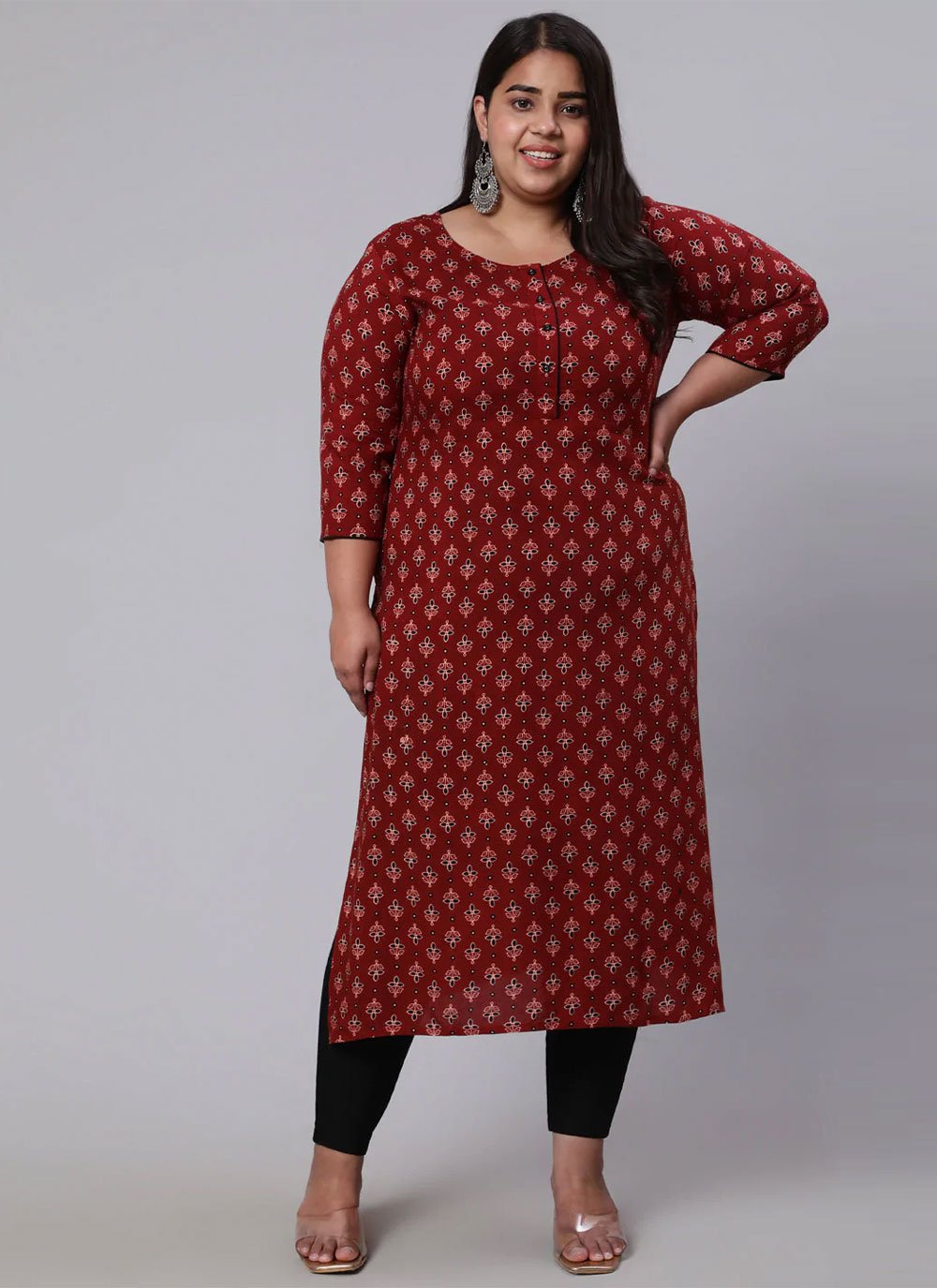 Party Wear Kurti Cotton Maroon Print Kurtis