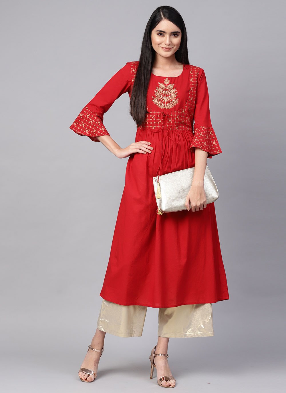 Party Wear Kurti Cotton Red Print Kurtis